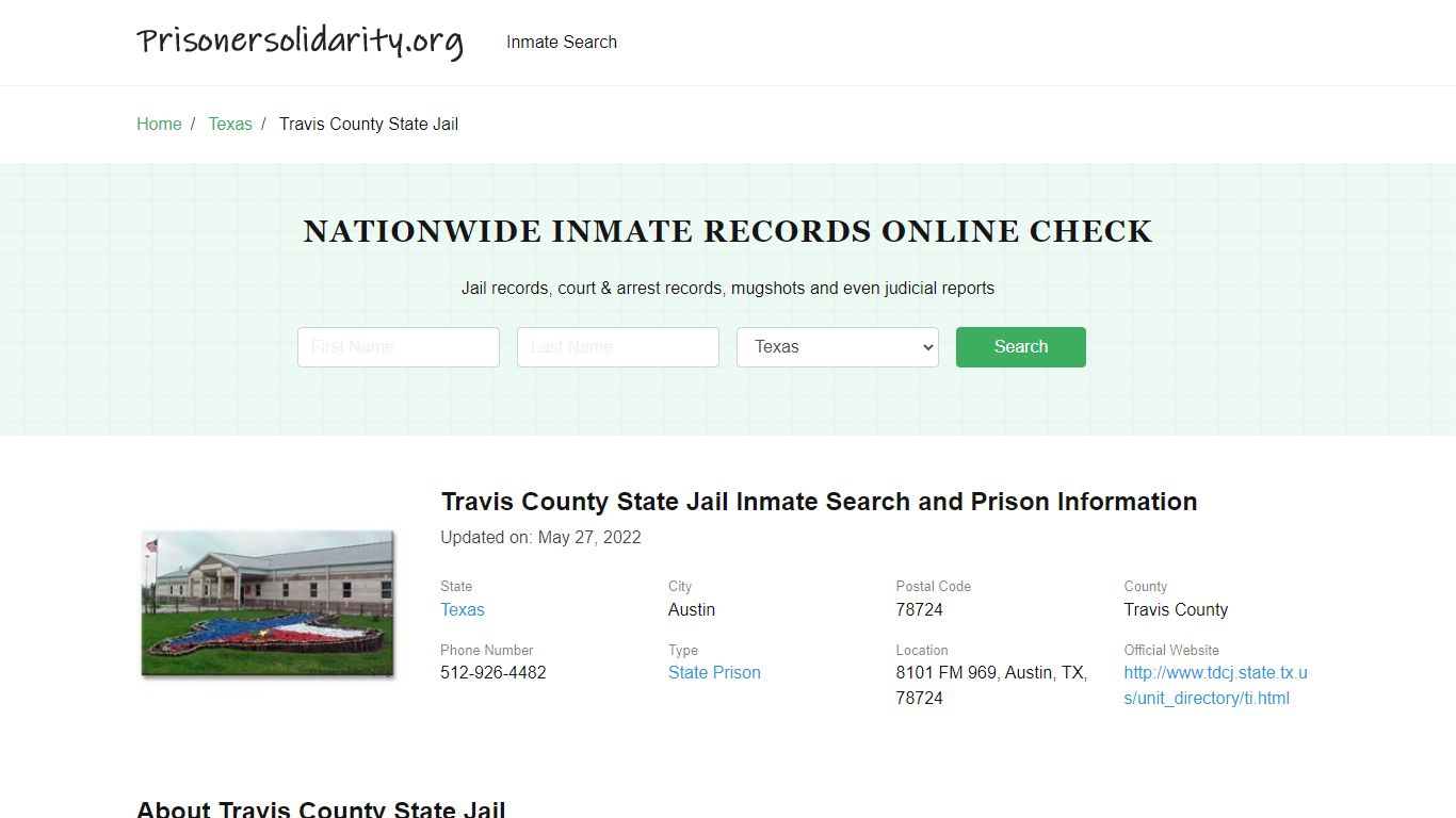 Travis County State Jail Inmate Search and Prison Information